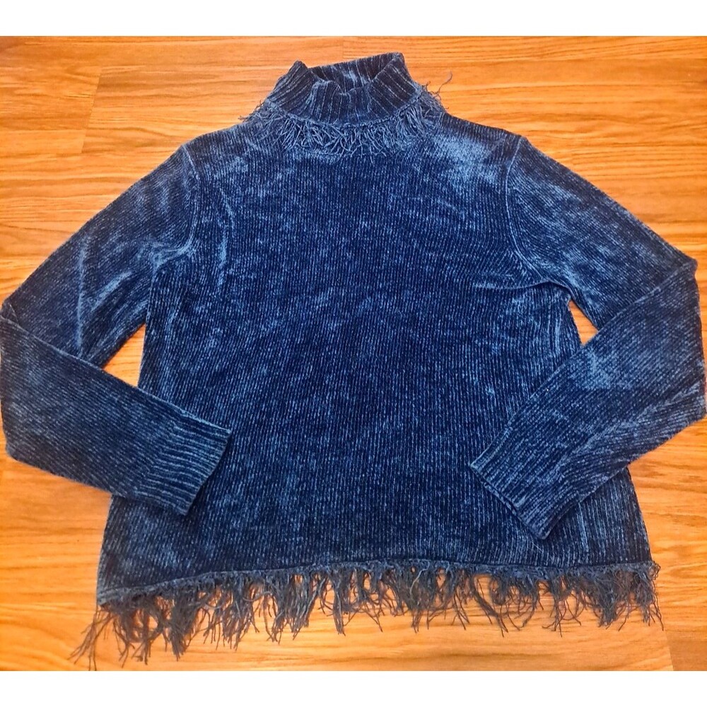 Vintage Y2K Chenille Sweater Fringe Turtleneck Blue Rafaella Boho Cottage M